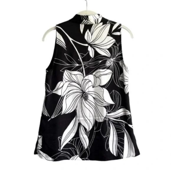 NEW WHBM Sleeveless Blouse V-neck Bold Magnolia Floral Black White Size XS - Picture 7 of 14
